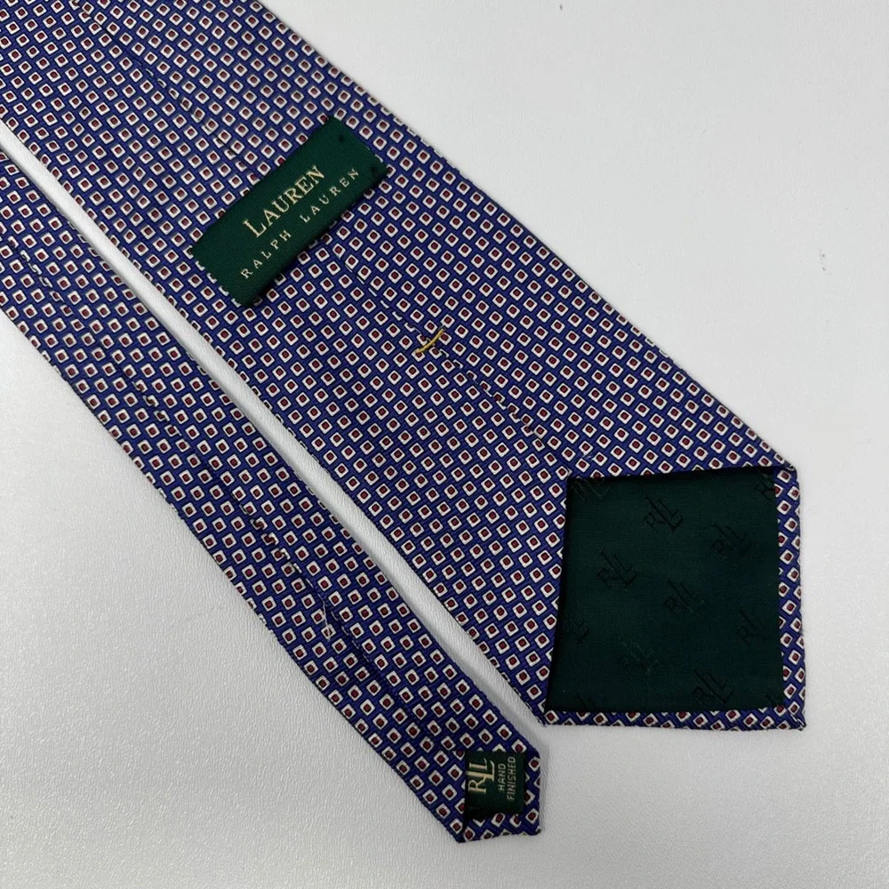 Ralph Lauren Mens Silk Tie Blue Red Geometric Square‎ Pattern Hand Finished